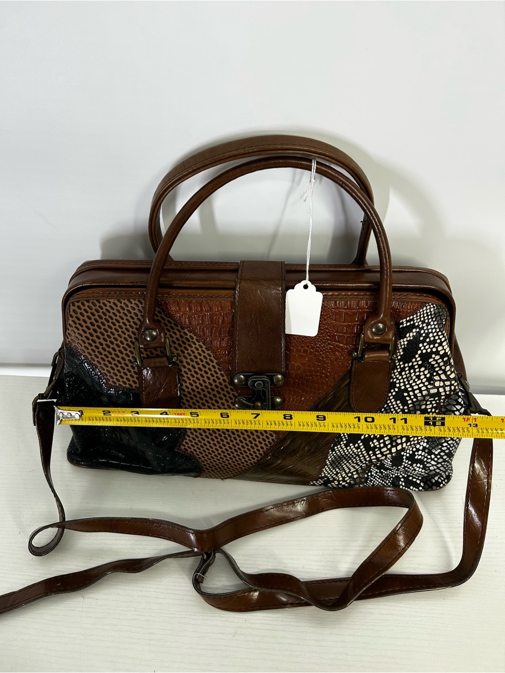Vtg Leather Patchwork Doctor Bag Satchel Korea Made Croc Beautiful Design - Picture 9 of 16